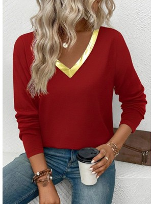 Cottonlab Kadın Uzun Kollu V Parlak Yaka Detaylı Viskon Bluz