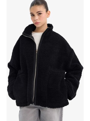 DeFacto Oversize Geniş Kalıp Dik Yaka Fermuarlı Pelüş Hırka G6576AX25WN