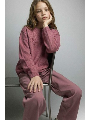 DeFacto Bisiklet Yaka Nakışlı Triko Kazak Kız Çocuk G5926A825WN