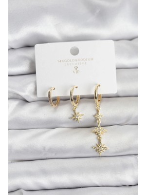 Butik Bfs Kutup Yıldızı Model Gold Renk Pirinç 3'lü Kadın Küpe Seti