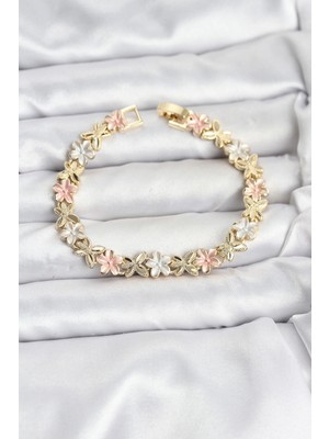 Butik Bfs Lotus Model Pirinç Gold ve Pembe Renk Kadın Bileklik
