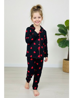 Miniğimin Cicileri Kalp Desenli Süet Kız Çocuk Pijama Takımı - Siyah