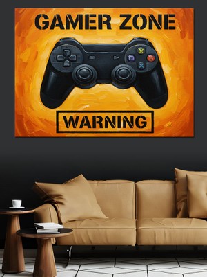 Tablo Mega Oyuncu Bölgesi Uyarı Işareti Joystick Kumanda Görselli Dekoratif Kanvas - Mdf Ahşap Tablo