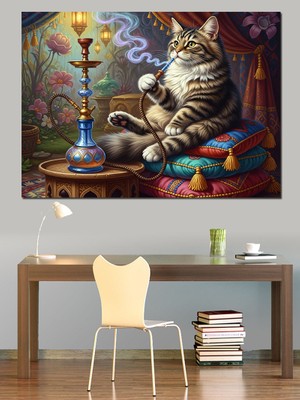 Tablo Mega Şark Köşesinde Nargile Içen Kedi Illüstrasyonu Dekoratif Kanvas - Mdf Ahşap Tablo