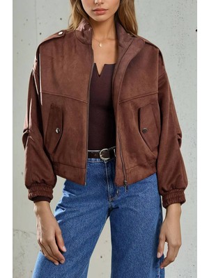 Robin D99806 Cep Detaylı Oversize Kısa Süet Kadın Mont Koyu Kahve