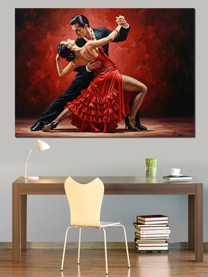 Tablo Mega Kırmızı ve Aşk Temalı Tango Yapan Tutkulu Çift  Dekoratif Kanvas - Mdf Ahşap Tablo