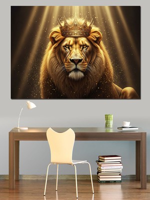 Tablo Mega Altın Taçlı Kral Aslan Portresi Dekoratif Kanvas - Mdf Ahşap Tablo