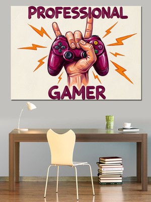 Tablo Mega "profesyonel Oyuncu" Pembe Oyuncu Kumandası ve Rock Işaretli El Illüstrasyon Dekoratif Kanvas - Mdf Ahşap Tablo