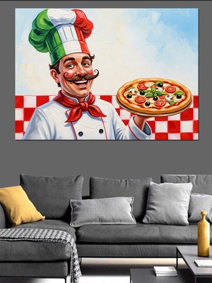 Tablo Mega Italyan Şef Pizza Taşıyor Illüstrasyon Dekoratif Kanvas - Mdf Ahşap Tablo