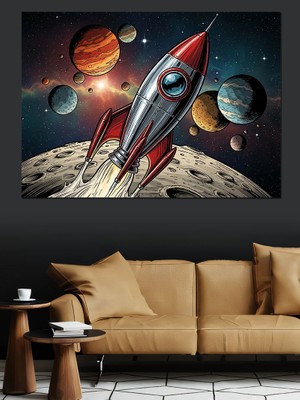 Tablo Mega Uzayda Roket ve Gezegenler İllüstrasyonu Dekoratif Kanvas - Mdf Ahşap Tablo