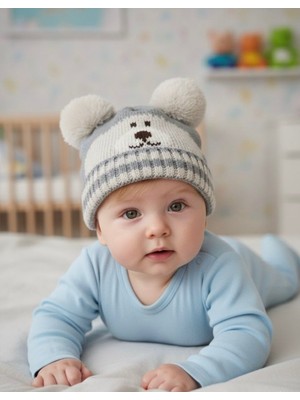 Livona Store Ayıcık Desenli Ponponlu Triko Unisex Bebek Bere – 0-1 Yaş Kışlık Sıcak Tutucu Model
