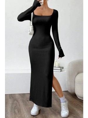 Cottonlab Kadın Trend U Yaka Yırtmaçlı Uzun Kol Kalın Fitili Elbise