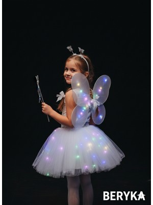 Beryka 2-10 Yaş Kız Çocuk LED Işıklı Kelebek Kanat Peri Kostüm Seti