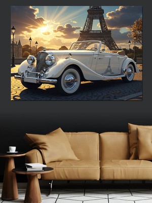 Artmeg Klasik Üstü Açık Beyaz Spor Araba ve Günbatımında Eyfel Kulesi Dekoratif Kanvas - Mdf Ahşap Tablo