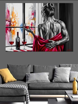 Artmeg Pencere Önünde Aşık Çift ve Kırmızı Şarap Modern Sanat  Dekoratif Kanvas - Mdf Ahşap Tablo