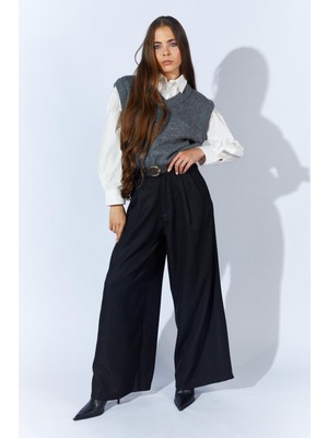Tena Kadın Siyah Beli Kalın Kemer Palazzo Pantolon