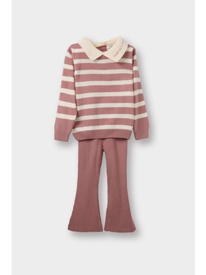 DeFacto Kız Bebek 2'li Takım Çizgili Polo Yaka Triko Kazak İspanyol Paça Triko Tayt C8453A525AU
