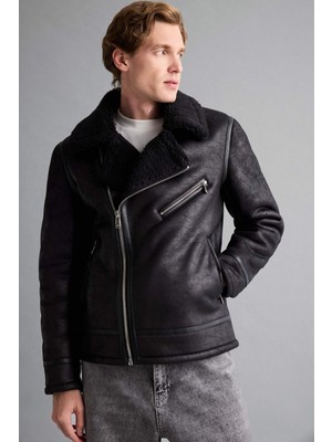 DeFacto Slim Fit Dar Kesim Suni Kürk Astarlı Fermuarlı Cepli Süet Deri Kışlık Ceket Mont C5636AX25WN