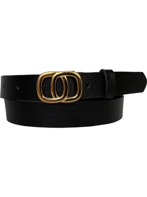 GoDeri  Deri Gold Tokalı Siyah Kadın Kemeri, 3cm