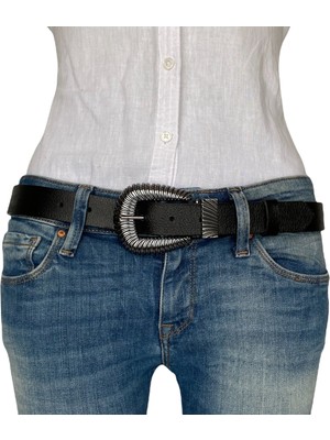 GoDeri  Deri Siyah Nikel Tokalı Siyah Kadın Kemeri, 3cm