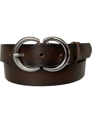 GoDeri  Deri Gümüş Cɔ Tokalı Koyu Kahverengi Kadın Kemeri, 3cm