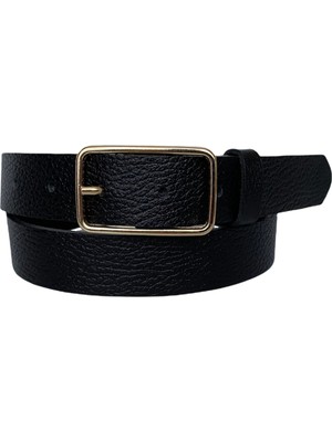 GoDeri  Deri Gold Dikdörtgen Tokalı Siyah Baskılı Kadın Kemeri, 3cm