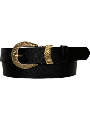 GoDeri  Deri Gold Tokalı Siyah Kadın Kemeri, 3cm