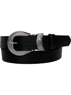 GoDeri  Deri Gümüş Tokalı Siyah Kadın Kemeri, 3cm