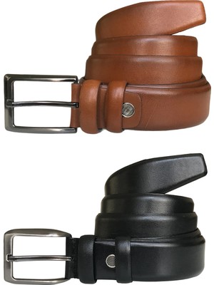 Goderi Deri 2'li Set Klasik Kumaş Pantolon Kemeri; Siyah, Taba 3,5 cm