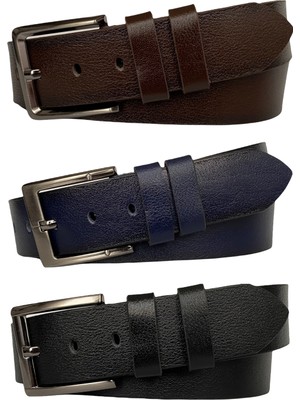 GoDeri  Deri Premium 3'lü Set Siyah Kahverengi Lacivert Kot Spor Kemer 4.5 cm