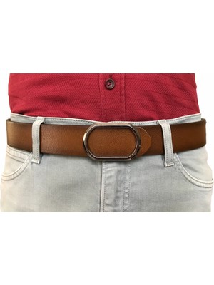 Goderi Deri Yeni Trend, Pimli Oval Siyah Nikel Tokalı, Dayanıklı Açık Kahverengi Kemer 4 cm