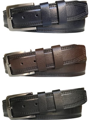 GoDeri  Deri 3'lü Set, Desenli Kemer; Siyah, Kahverengi, Lacivert 4 cm