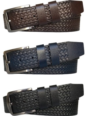 GoDeri  Deri 3'lüset 4 cm Tek Parça Kemer Siyah, Kahverengi, Lacivert