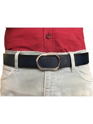 Goderi Deri Yeni Trend, Pimli Oval Parlak Gümüş Tokalı, Dayanıklı Lacivert Kemer 4 cm