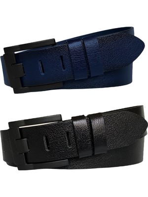 GoDeri  Deri 2'li Geniş Dilli Set Siyah, Lacivert 4.5 cm Kot, Spor Kemer, Siyah Tokalı