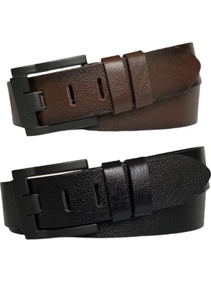 GoDeri  Deri 2'li Geniş Dilli Set Siyah, Kahverengi 4.5 cm Kot, Spor Kemer, Siyah Tokalı