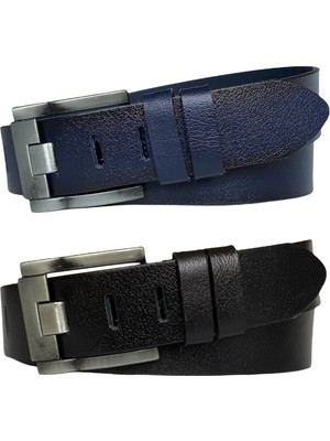 GoDeri  Deri 2'li Geniş Dilli Set Siyah, Lacivert 4.5 cm Kot, Spor Kemer