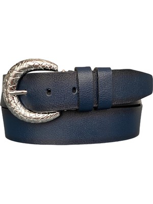 GoDeri  Deri, Parlak Gümüş Tokalı Lacivert Kadın Kemeri 4 cm