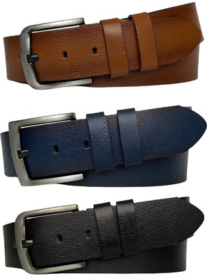 GoDeri  Tek Parça Deri 3'lü Set Siyah, Lacivert, Taba 4.5 cm Kot, Spor Kemer