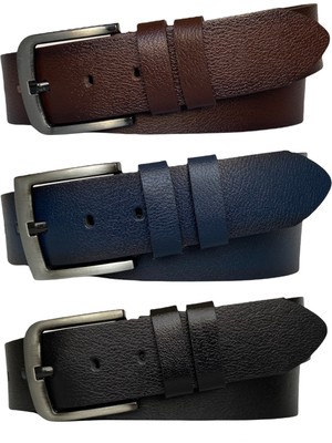 GoDeri  Tek Parça Deri 3'lü Set Siyah, Lacivert, Kahverengi 4.5 cm Kot, Spor Kemer