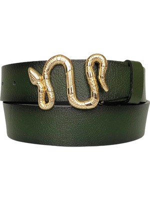 GoDeri Deri, Gold Yılan Tokalı Yeşil Kadın Kot Kemeri 4 cm