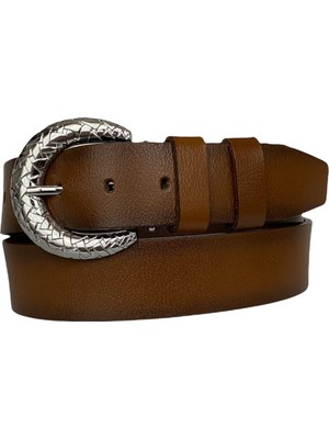 GoDeri  Deri, Parlak Gümüş Tokalı Kahverengi Kadın Kemeri 4 cm