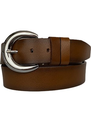 GoDeri  Deri, Parlak Gümüş Tokalı Kahverengi Kadın Kemeri 4 cm