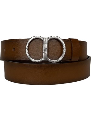 GoDeri  Deri, Parlak Gümüş Tokalı Kahverengi Kadın Kemeri 4 cm