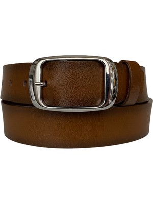 GoDeri  Deri, Parlak Gümüş Tokalı Kahverengi Kadın Kemeri 4 cm