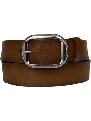 GoDeri Deri, Parlak Gümüş Tokalı Kahverengi Kadın Kemeri 4 cm