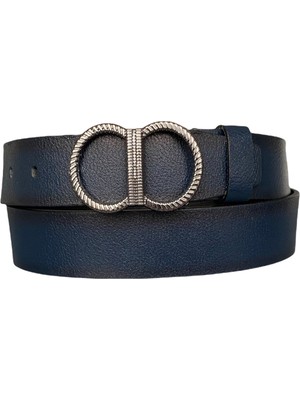 GoDeri  Deri, Mat Gümüş Tokalı Lacivert Kadın Kemeri 4 cm
