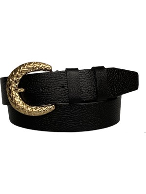GoDeri  Deri, Gold Tokalı Siyah Kadın Kot Kemeri 4 cm