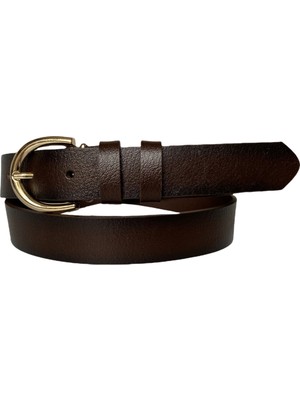 GoDeri  Deri Gold Tokalı Koyu Kahverengi Kadın Kemeri, 3cm