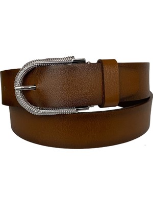 GoDeri Deri, Parlak Gümüş Tokalı Kahverengi Kadın Kemeri 4 cm